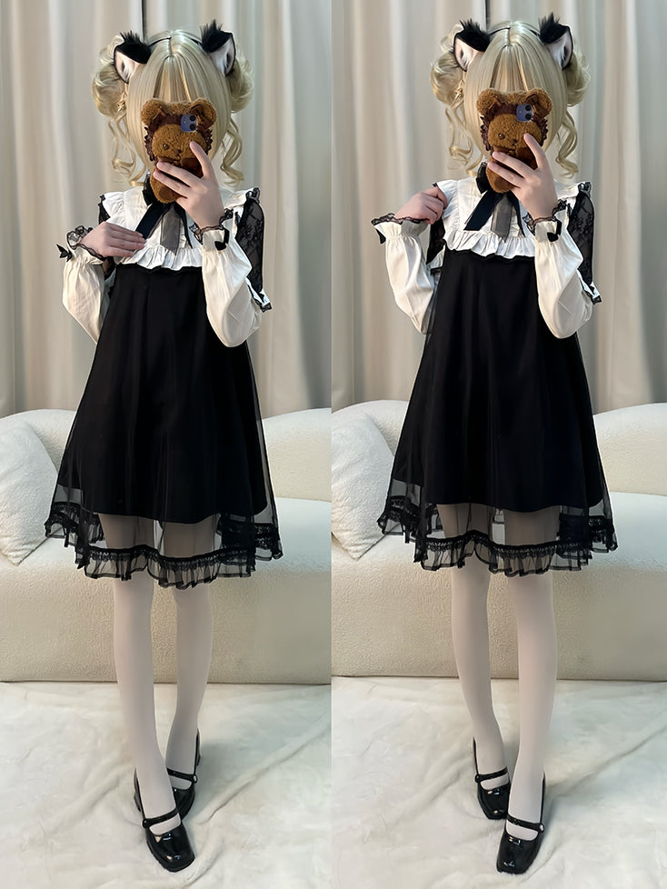 Jirai Kei – Schwarzes, langärmliges Kleid mit Spitzenaufnähern an den Schultern und Netzstoffüberzug