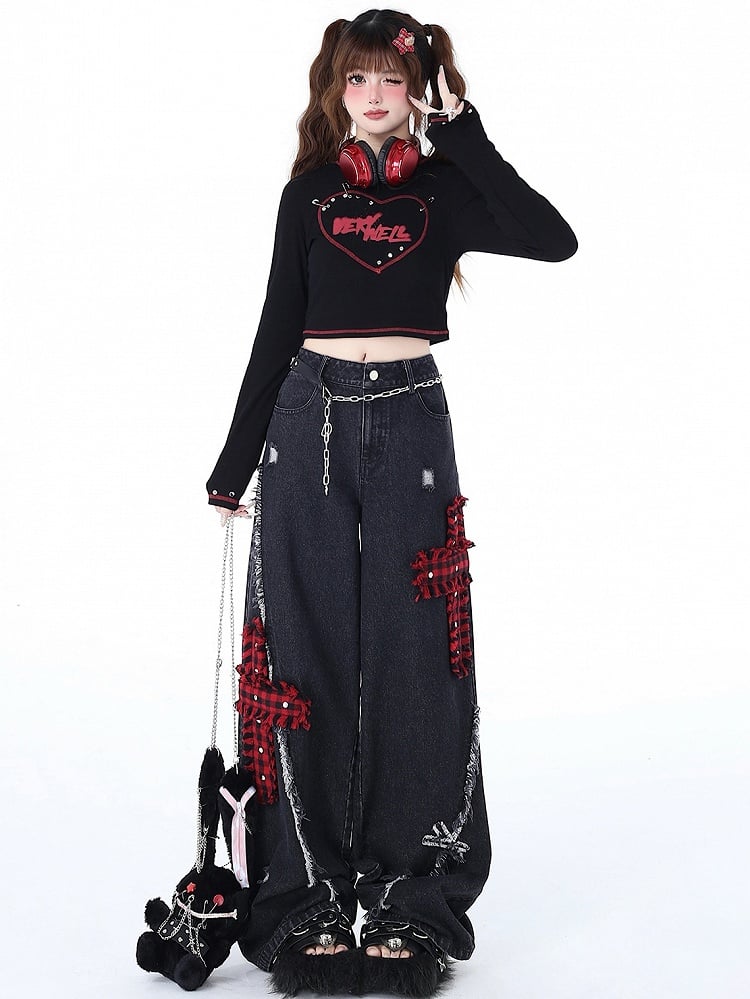 Wide Leg Punk Crosses Distressed Black Holes Plaid Jeans Red