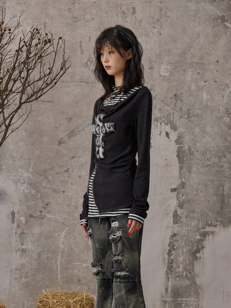 Mit zweiteiligem Strickdetail Leopard Faux Punk Reißverschluss Patch Schwarzes Top Kreuz