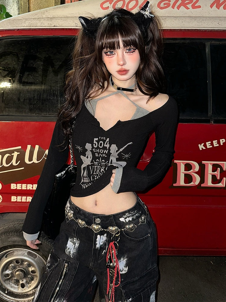 Apricot/Black Letters Fake Two-piece Design Halter Neck Top