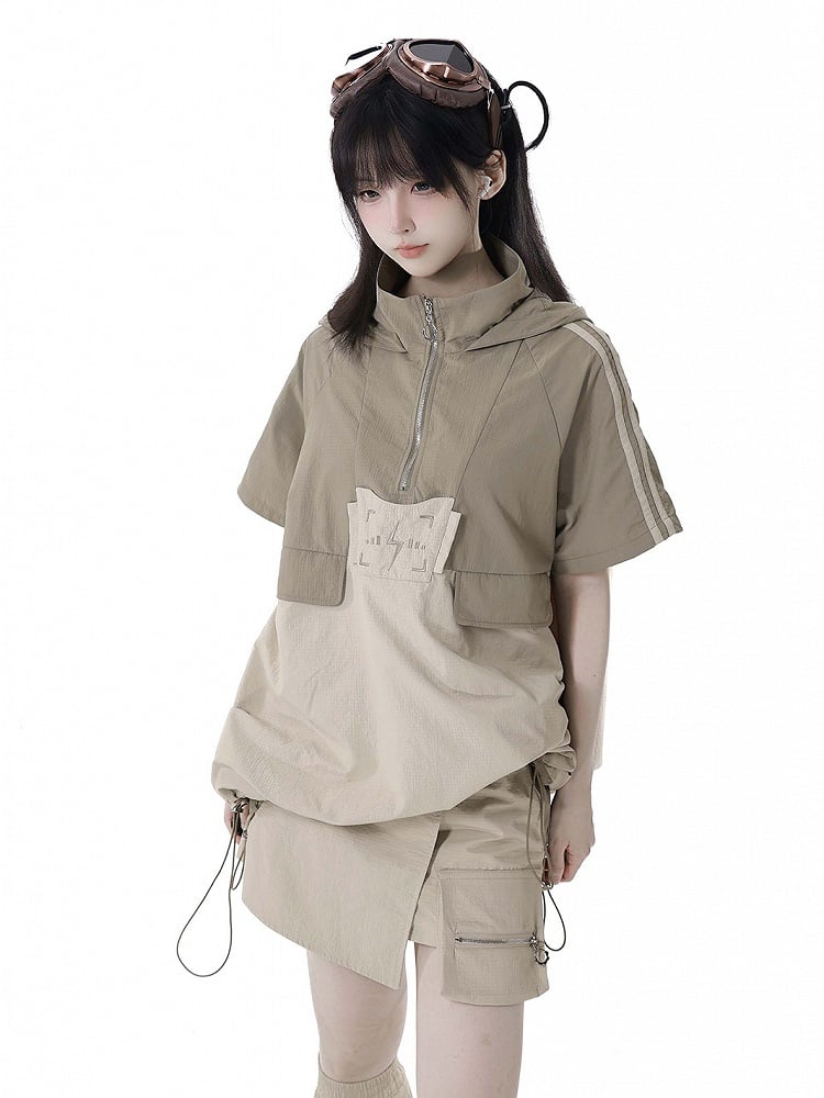 Khaki Colorblock Lightning Embroidery Drawstring Techwear Hooded T-shirt Hem