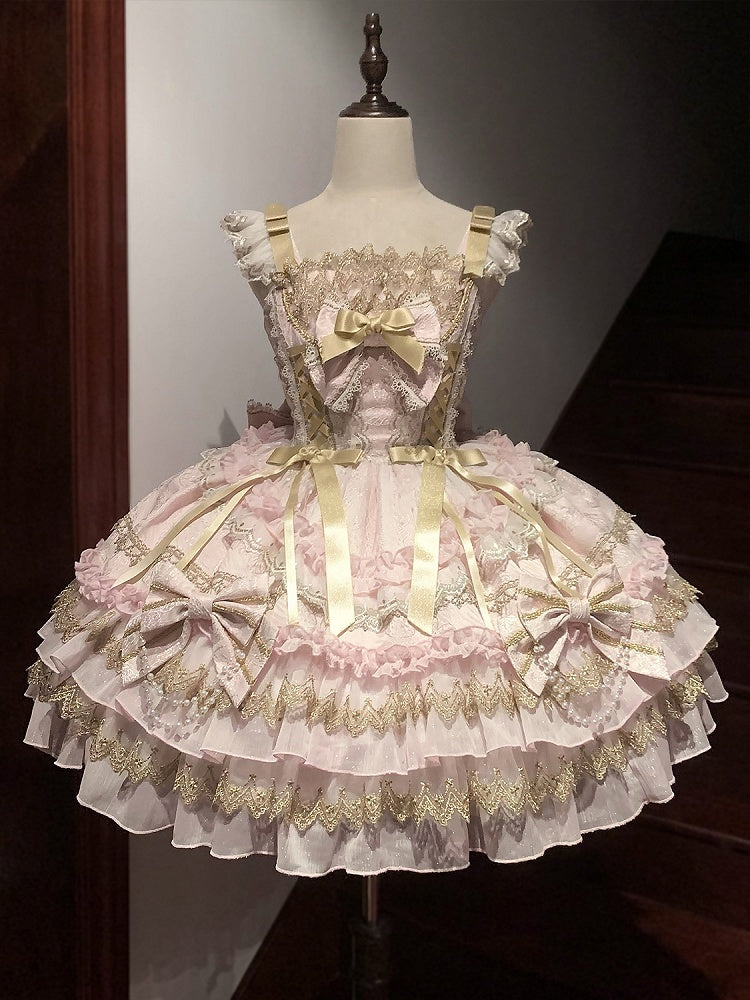 Chain Skirt Dress Pink Decorated Princess Lolita Bead Bows Tiered