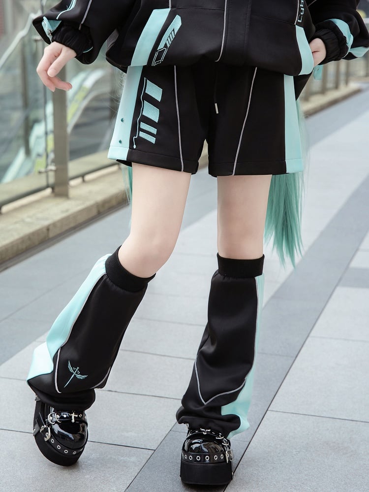 Schwarze und grüne Jirai Kei Cyberpunk Shorts Beinwärmer