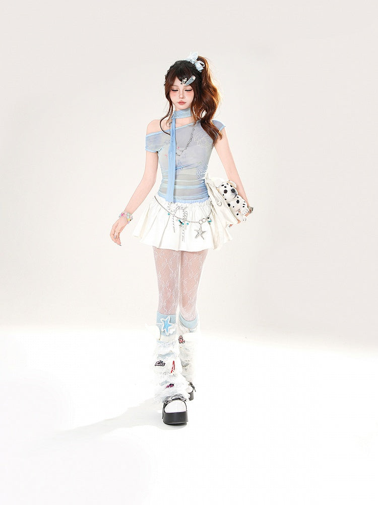 Starfish and T-shirt Shell Semi-sheer with Asymmetrical Neckline Blue Print Free Scarf