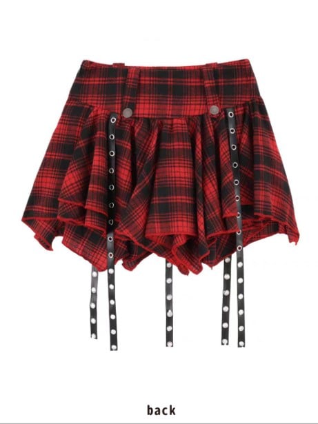 Straps + With Metal Grey Print Black Pleated Punk Top Red Buckle Heart Skirt Plaid