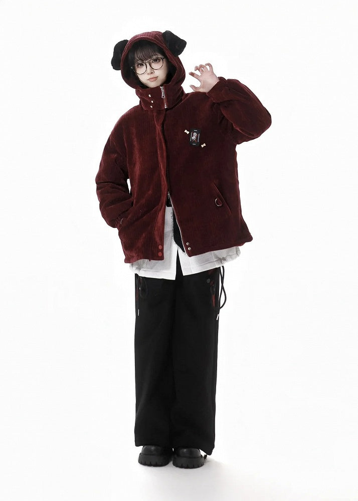 Wine Red High Neck Puppy Ear Hooded Coat