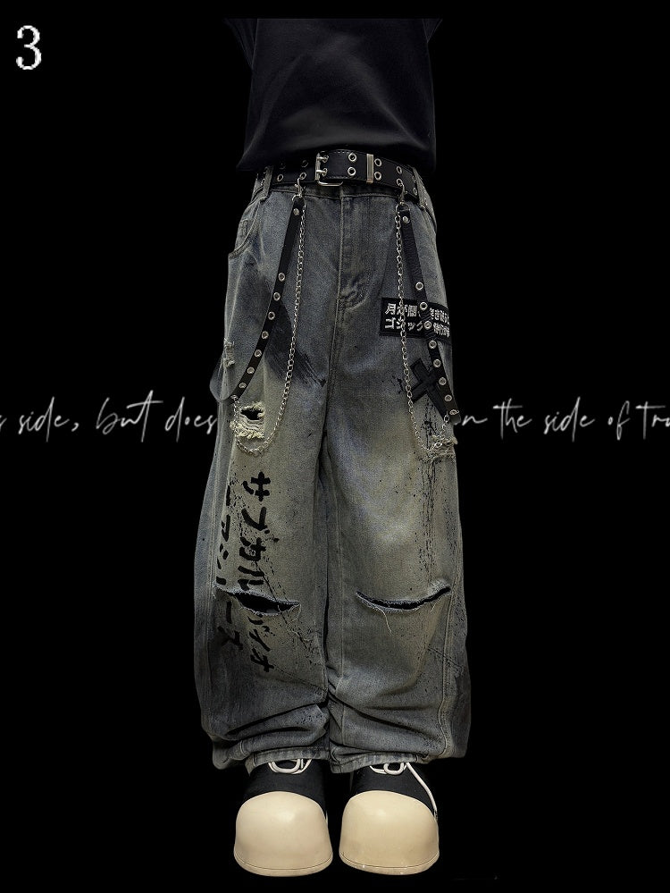 Applique And Blue Cut Details Cross Distressed Holes Letter Wide-leg Jeans