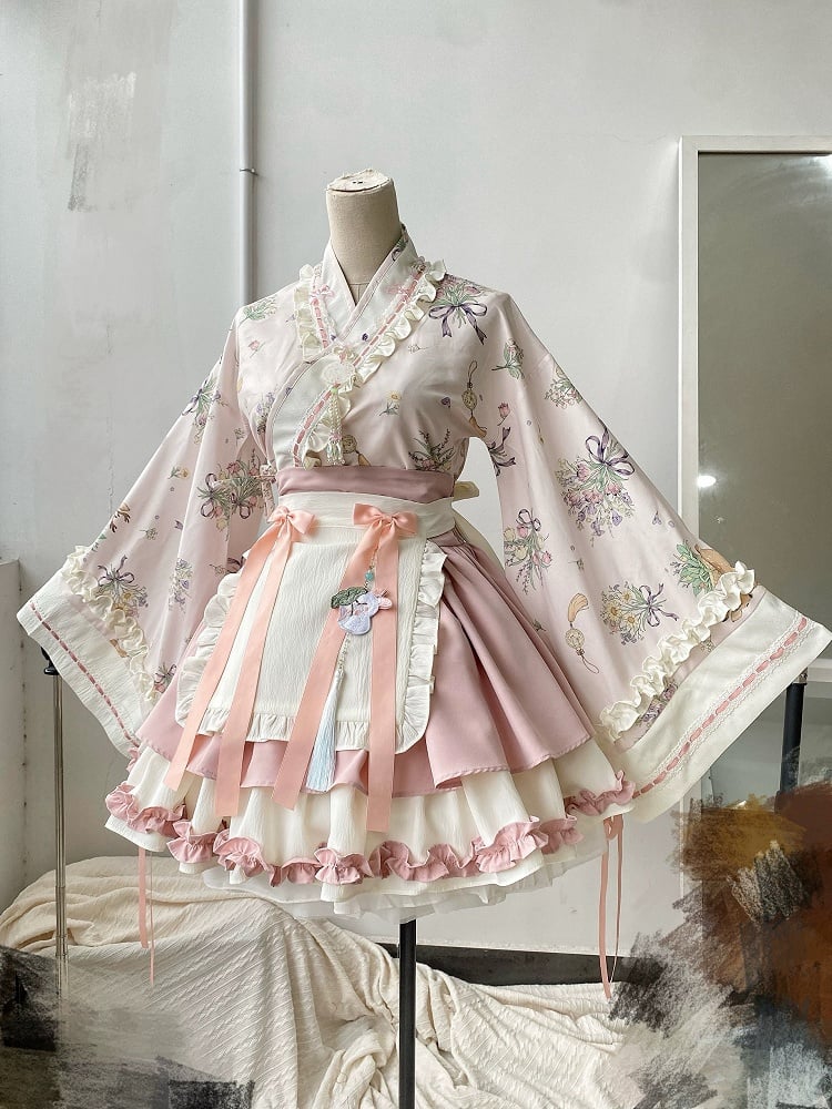 Han Pink Blossom Crossover Skirt Top Outfit Neckline Sakura Cherry Festival + Herbal Medicine Lolita Set