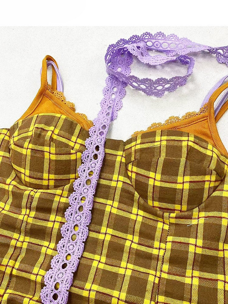 Scarf Cami Top Purple Plaid Y2K Yellow With
