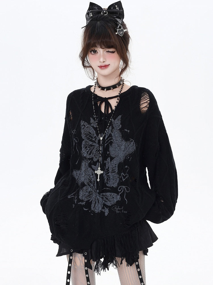 Apricot/Black Butterfly Pattern Distressed Holes V-neck Loose Knit Top