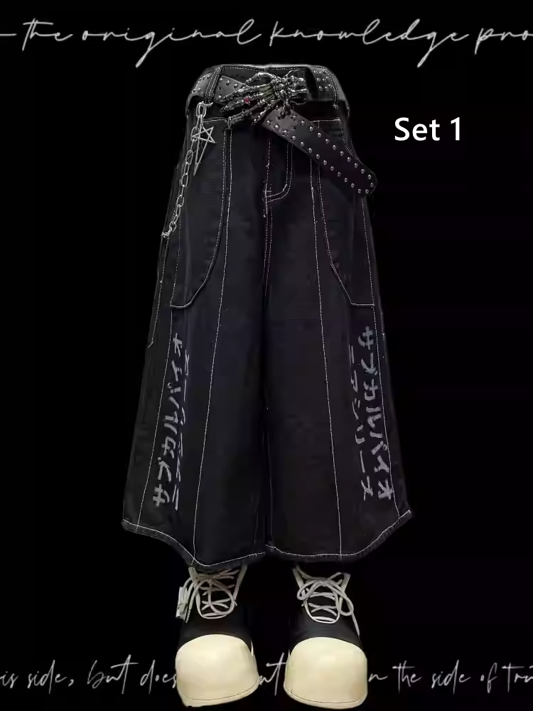 Denim Shorts Y2K Black Letter Print Wide-leg