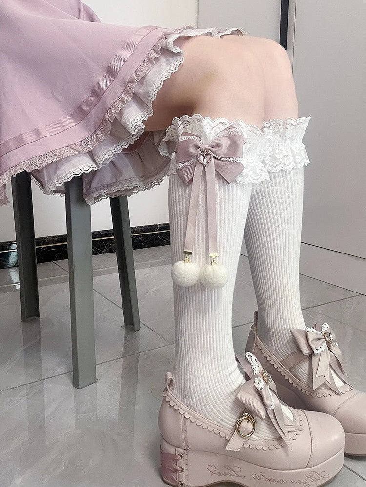 Jirai Kei Pompon-Details Spitzenbündchen Schleifen Unterkniestrümpfe