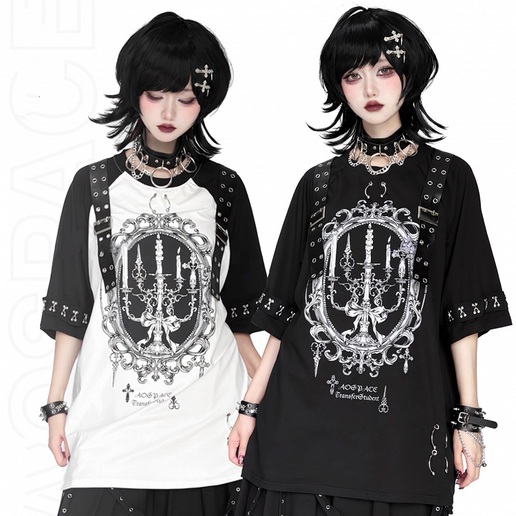 Shoulder Punk on Buckle Frame Print Picture with Cuffs Candelabra Rock Black White T-Shirt and - Details