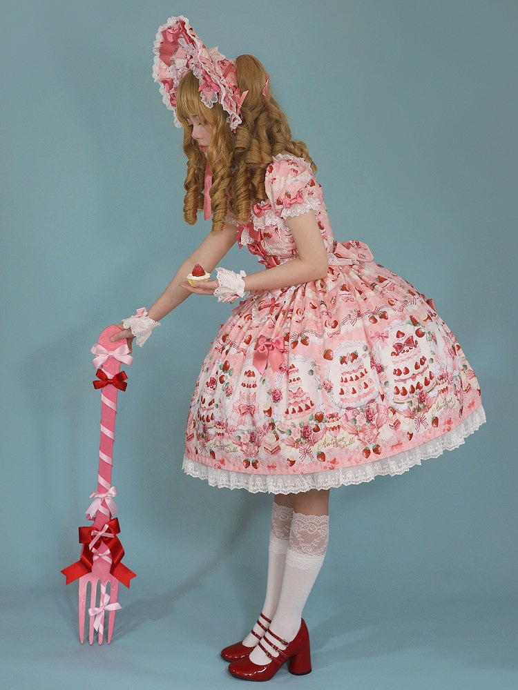 Dress Bow / Print Strawberry Lolita Full Cake Accents Sweet Pink Set