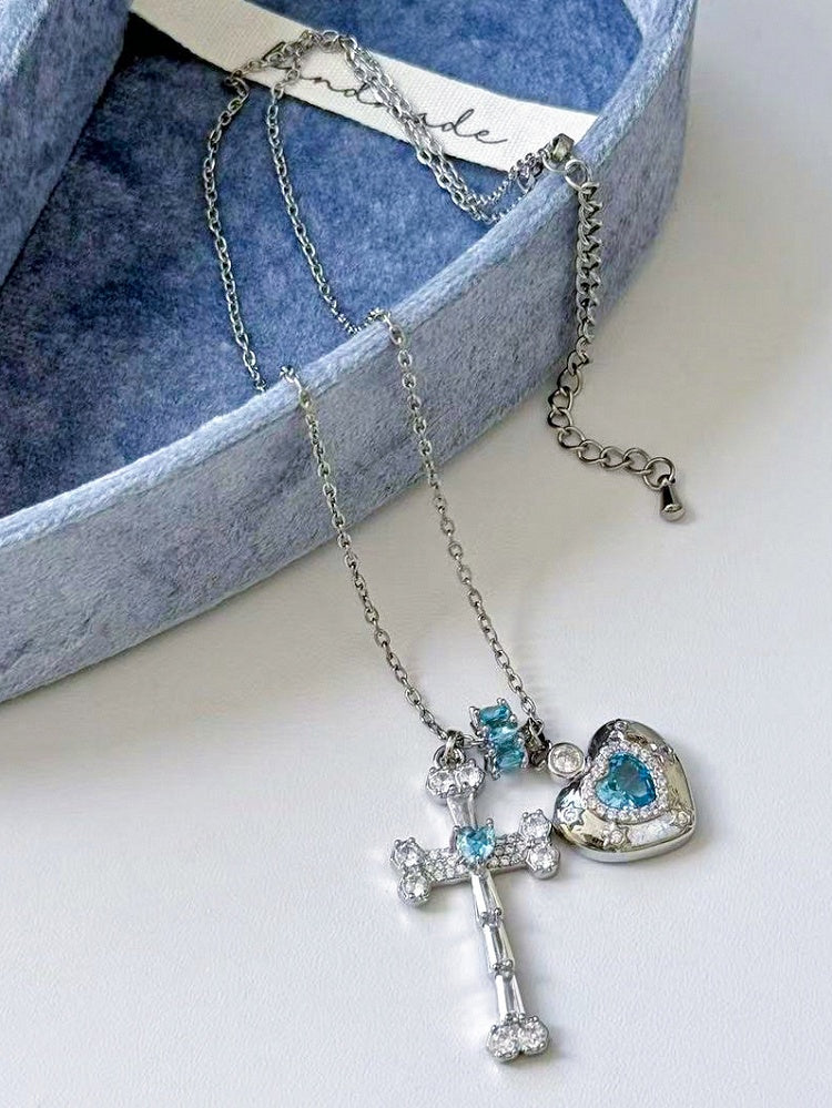 Heart And Pendant Rhinestone Pink/Blue/Green Necklace Y2K Cross Bittersweet