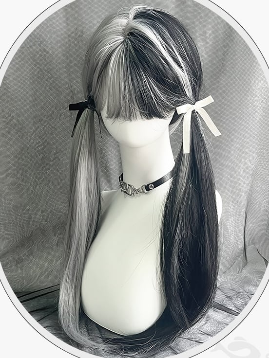 Black&White Split Color Waist Length Straight Synthetic Wig With Bangs