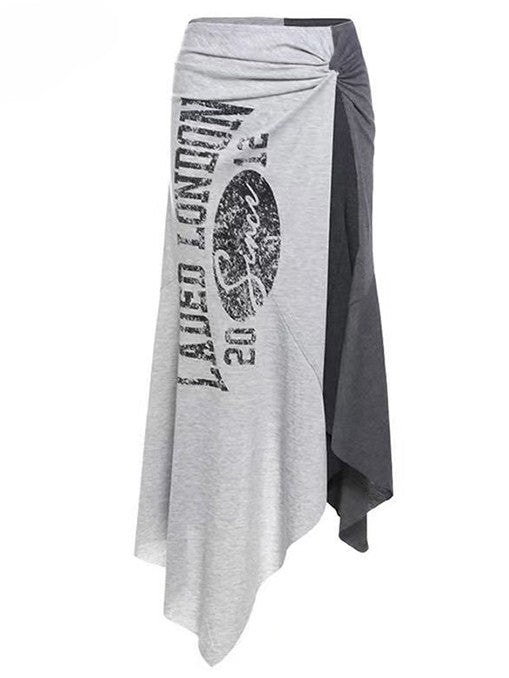 Shorts Hem Black Slit With Letter Asymmetrical Side Skirt Gray Print Glamorous