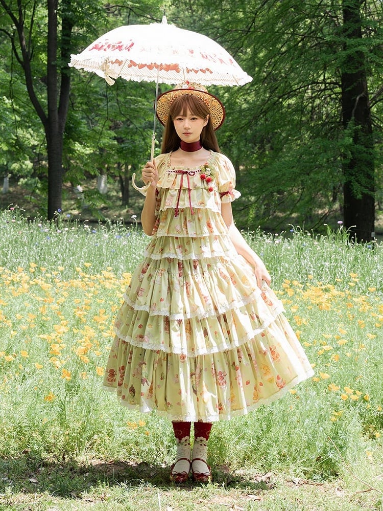 Green Print Fruit Summer Parfait Top Short Sleeves