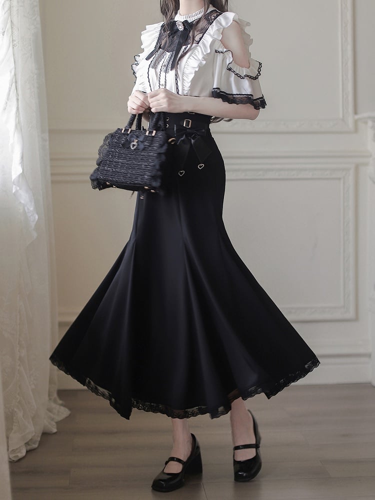 Lace-up Front High Waist Mermaid Skirt with Jirai Kei Black