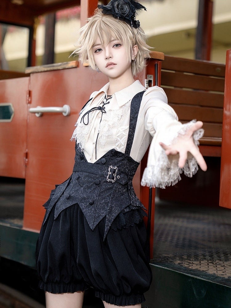Straps with Blue - Black Bloomer Ouji Bowtie Boned Set Belt Corset Shorts Lolita + Gothic