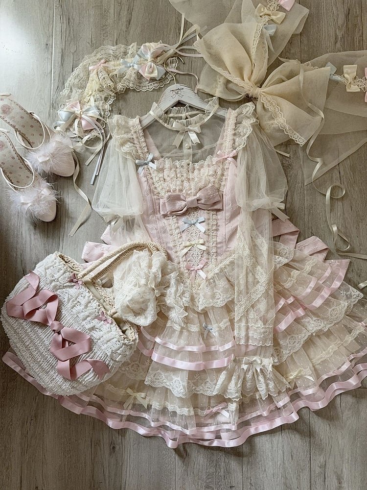 Corset at Princess Waist Pink Tulle with Big Back Skirt JSK Layered Bow Lolita