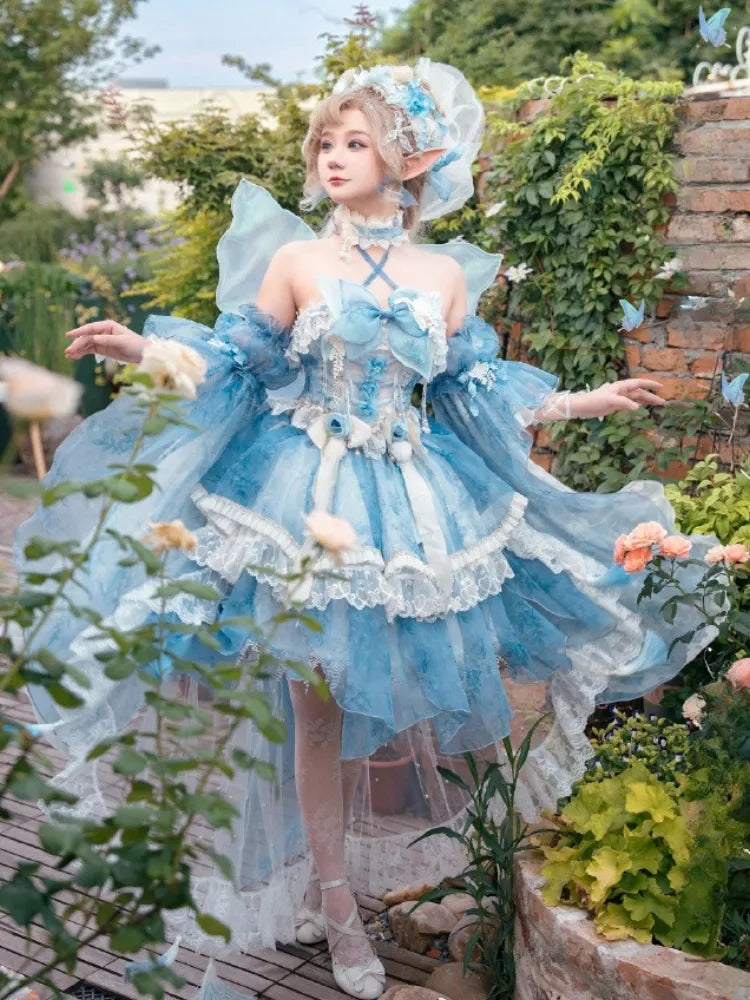 Full Princess Floral Butterfly Set Design Blue JSK Fairycore Lolita Dress