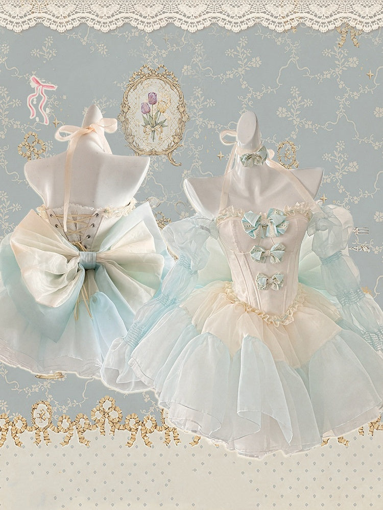 Green Bowknots Decoration Bodice Corset Top with and Puffy Skirt Yellow Set Balletcore