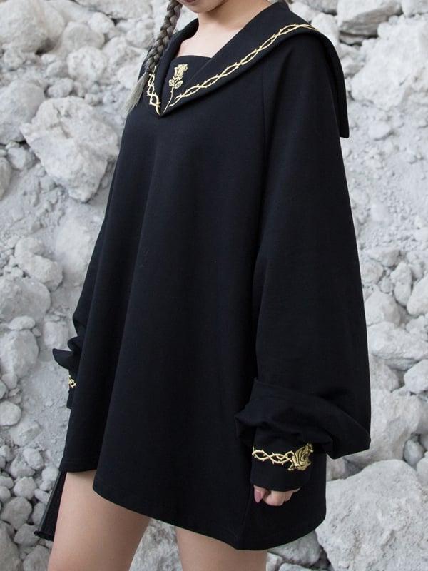 Goldschwarze Rose und Gothic Sailor Thorn Loose mit Kragenstickerei Sweatshirt