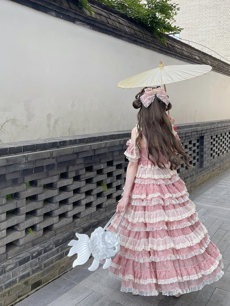 Sweet Dress Pink Adjustable Multi-Layered Ruffle with Lolita and Straps Goldfish Embroidery