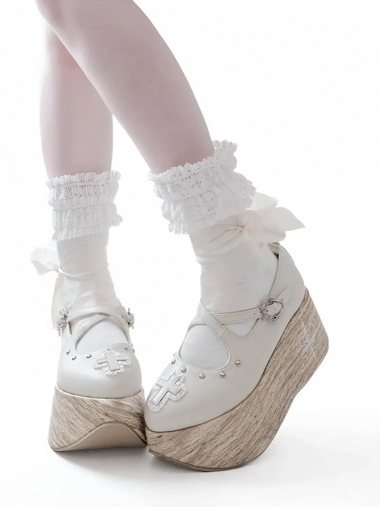 and Cross Gothic Lace-up Platform Shoes with Criss-cross Buckle Strap White Applique