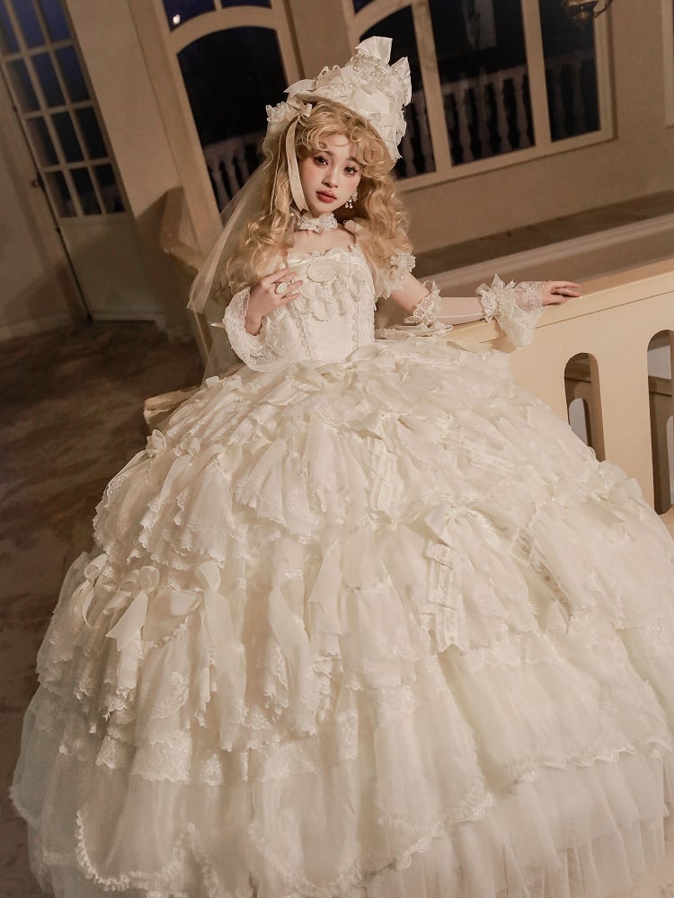Lolita Wedding Bow Dress / Full Creamy Set White Hanayome Accents Gorgeous
