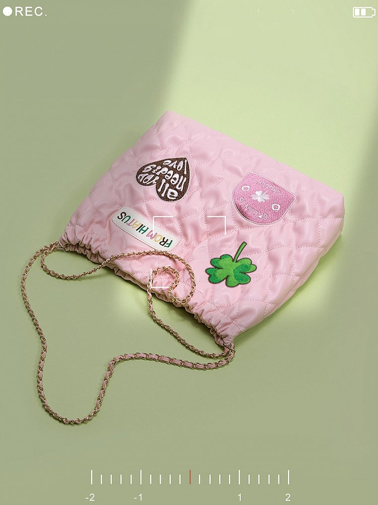 Sweet Pink Diamond Bag With Clover And Letter Embroidery Quilted Drawstring Shoulder