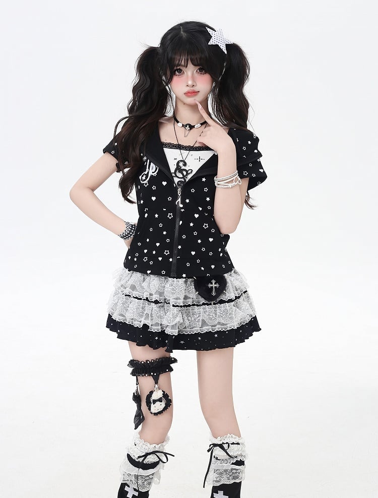 White/Black Y2K Star and Heart Print Zip-up Off Kitty Ears Hood Allover Jacket