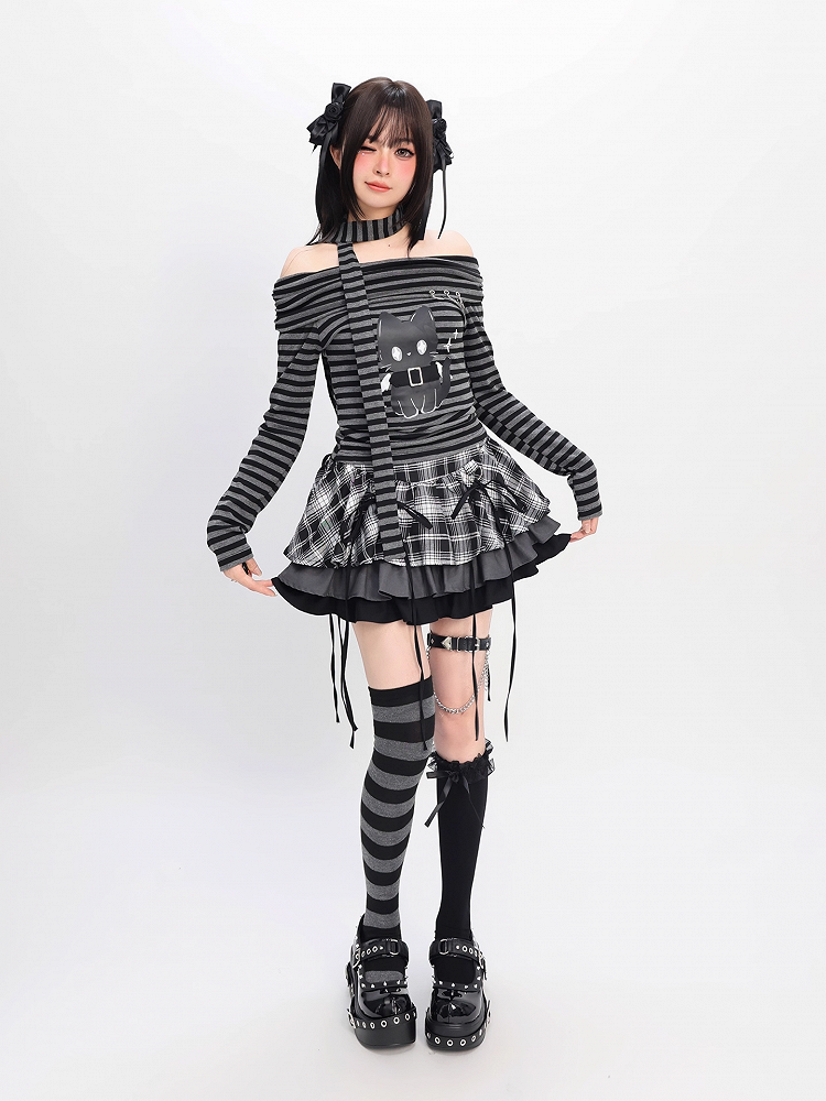 Gray Striped Top Neckline Black and Scarf with Bittersweet Kitten Print Off-the-shoulder