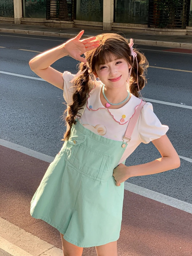 Denim Overall Shorts Green Candy Color Pink/Mint