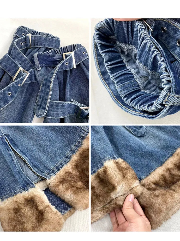 Hem + Leg Fashion Slit Plush Skirt Warmers Denim Side Straps Buckle Gyaru Blue