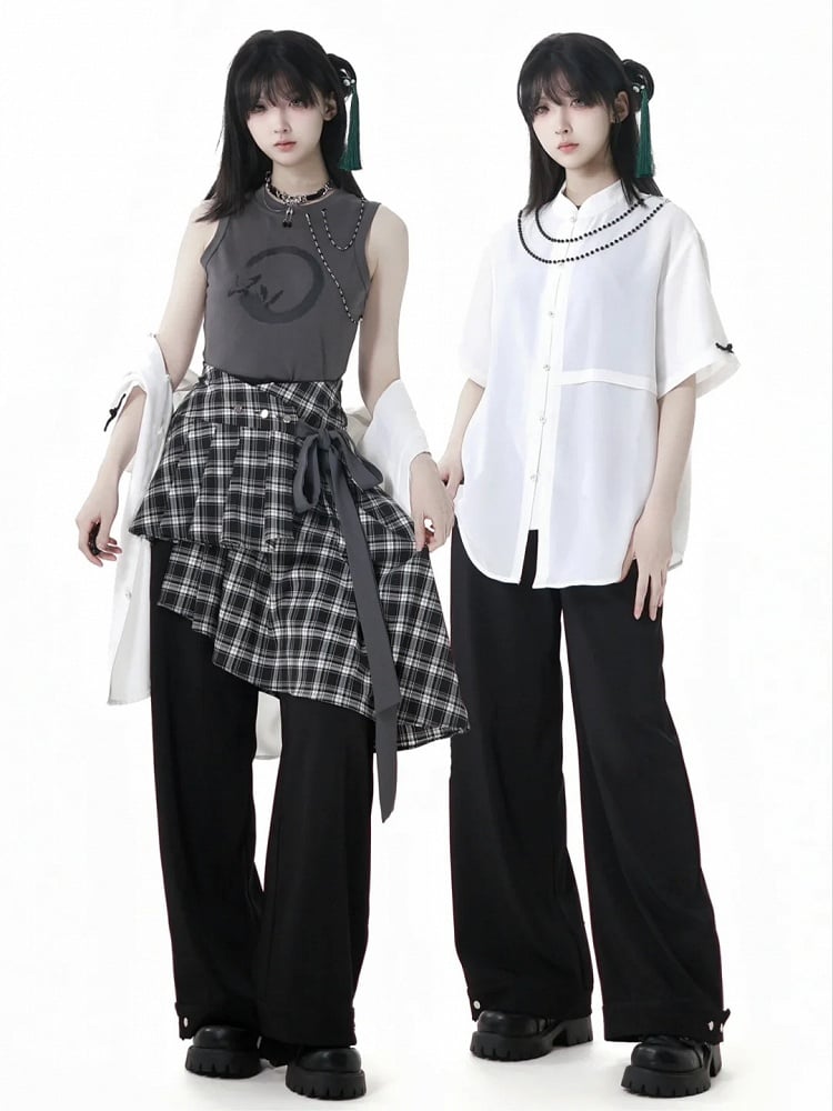 Plaid Skirt with Self-Tie Strap Black and White Asymmetrical Flounce Hem