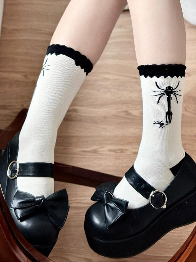 Spider Polka-dot Socks Lolita Calf Black Fork Pattern