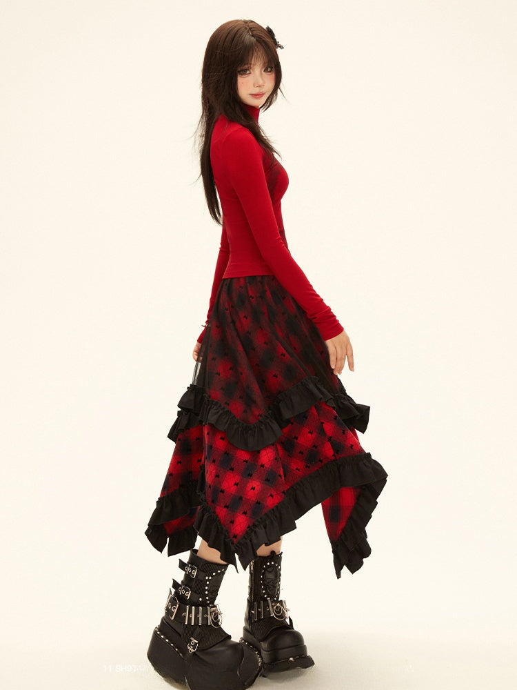 Red Plaid Pattern Asymmetrical Ruffled Hem Skirt Y2K