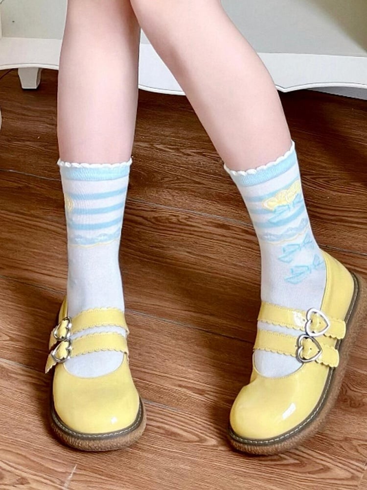 Blue Ruffle Socks Bowknot Print Lolita Lemon Trims Calf Sweet