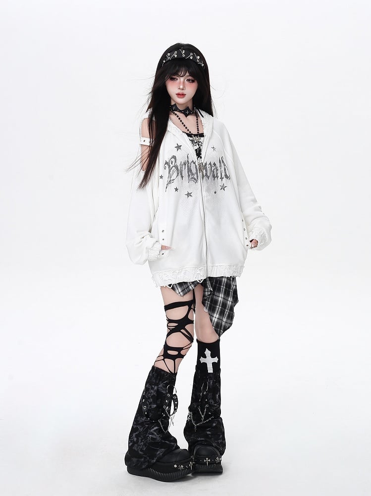 Zip-up Hooded Jacket with Distressed Holes and Cutout Shoulder White/Black