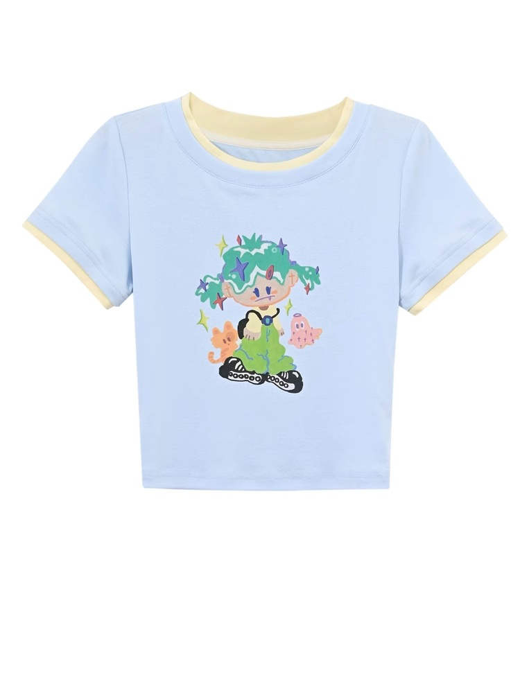 with Necklace Cartoon Girl Print Blue Round Neck Cropped T-shirt Free
