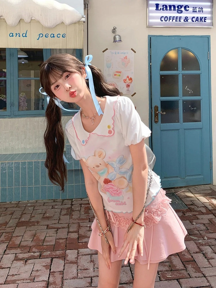 Cartoon Bear Print Hem White Peter Pan Collar Puff Sleeve Contrast Lettuce T-Shirt