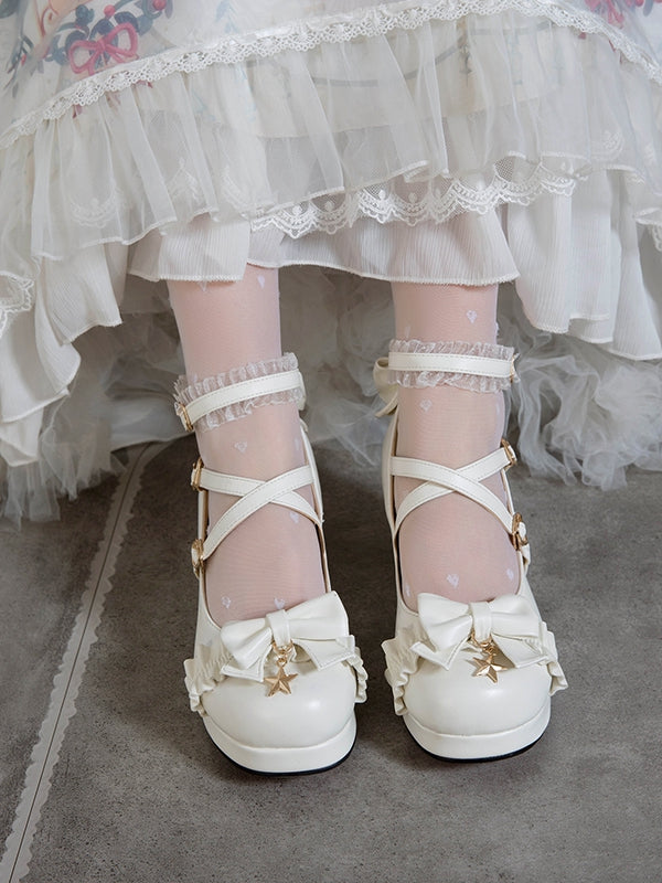 Block Heels with Charm Star Heart White Trim Buckles Lolita Ruffles Top Mid Bow