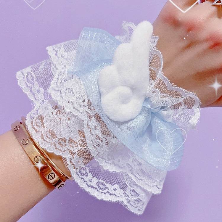 Verzierte Plüschmanschetten Handgelenksflügel Jirai Blau/Rosa Spitzenbesatz Kei