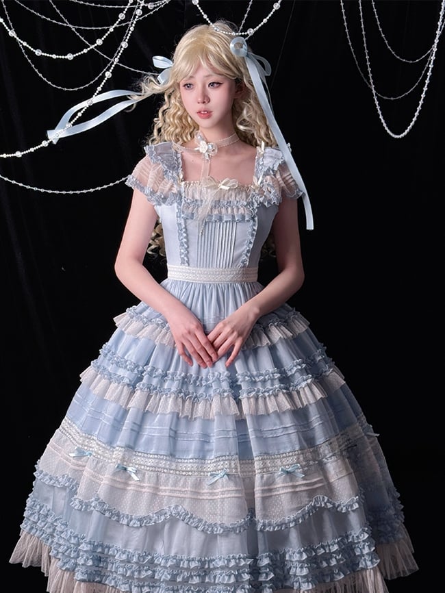 Elegante Verzierungen Plissee Rüschen Klassisches Lolita Kleid Blau Details und