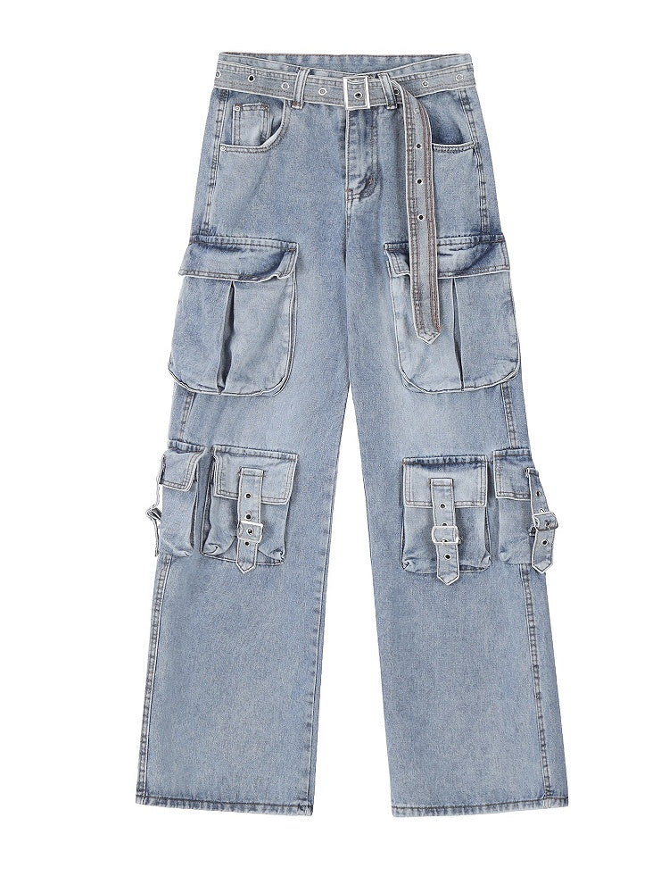 Blue/Black Multi-Pocket Utility Cargo Jeans with Hanging Strap Design
