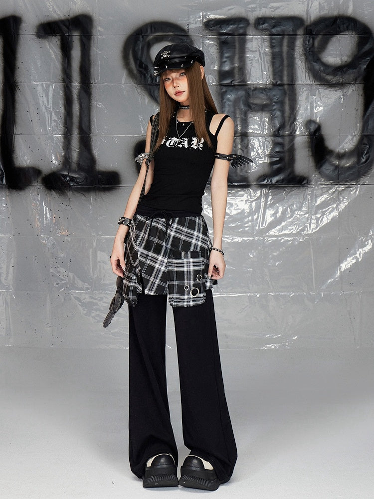 Black Print Design Double Shoulder Straps Sleeveless Top