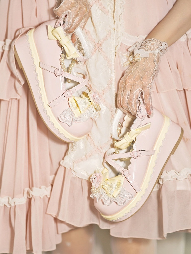Floral at Platforms Heart Bow Design Beaded Buckle Chain Detachable Pink Lace With Trim Top