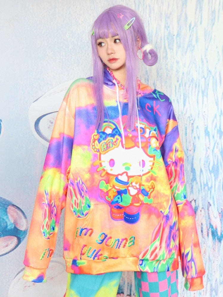 Letter And Y2K Kitty Print Hoodie Orange Fire